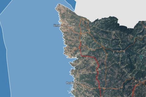 Istra, Brtonigla - maslinik na rubu građevinske zone, pogled na more